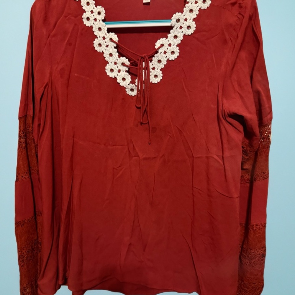 LC Lauren Conrad Burgundy Blouse with Floral Neckline